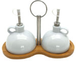 SET OLIO E ACETO IN PORCELLANA  CON VASSOIO BAMBU - immagine 2
