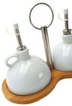 SET OLIO E ACETO IN PORCELLANA  CON VASSOIO BAMBU - immagine 3