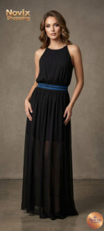 VESTITO NERO LUNGO ELEGANTE CON FASCIA BLU TAG.