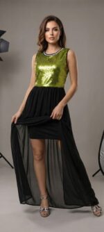 ABITO DONNA  LUNGO CERIMONIE PAILLETE VERDE / NERO - immagine 2