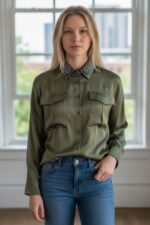 CAMICIA DONNA VERDE MILITARE SATIN A SPALLE SCOPERTE