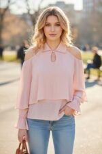 blusa a strati di chiffon rosa chiaro con spalle scoperte e maniche ampie e svasate