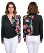 CAMICETTA  DONNA ASSIMETRICA NERA FIORI CON SCOLLO A V - immagine 2