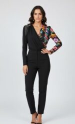 CAMICETTA  DONNA ASSIMETRICA NERA FIORI CON SCOLLO A V - immagine 3
