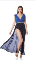 abito lungo bicolore con corpetto blu e gonna nera, scollo a V - immagine 4