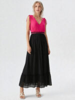 abito maxi bicolore lungo rosa nero con scollo V