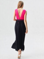 abito maxi bicolore lungo rosa nero con scollo V - immagine 2