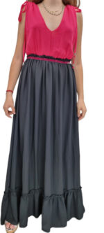abito maxi bicolore lungo rosa nero con scollo V - immagine 5