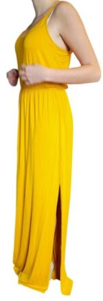 abito lungo giallo senape da donna con spalline sottili ed elastico in vita - immagine 4