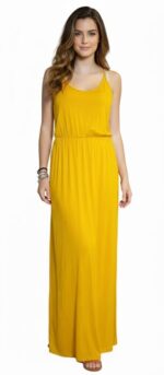 abito lungo giallo senape da donna con spalline sottili ed elastico in vita