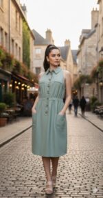 abito chemisier midi verde acqua senza maniche