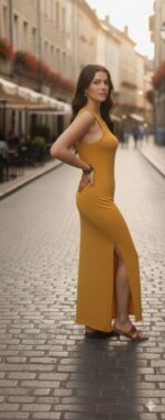 vestito lungo giallo senape con scollatura halter e schiena scoperta