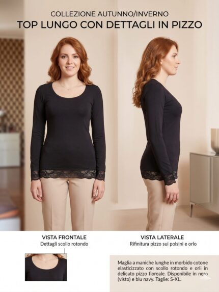 MAGLIA DONNA NERA MANICHE LUNGHE FINALE PIZZO