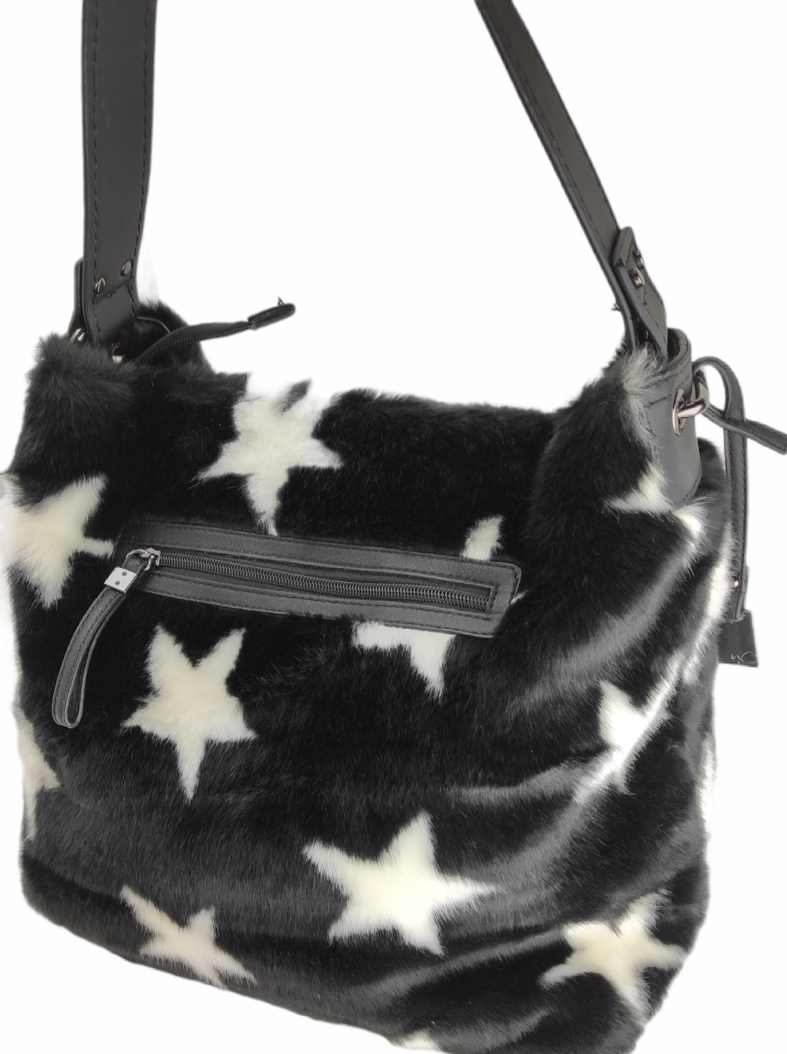 Borsa_Spalla_Nera_Effetto_Pelliccia_Stelle_Bianche Borsa a Spalla Nera Effetto Pelliccia con Stelle Bianche - immagine 1