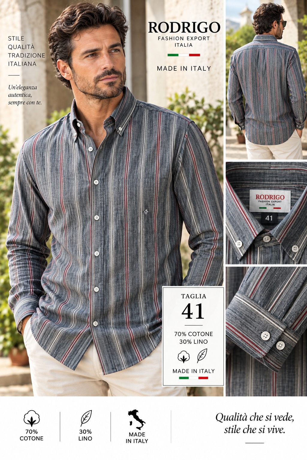 CAM23-01-camicia-uomo-rodrigo-a-righe-grigio-e-rosso Camicia Uomo Rodrigo a Righe Grigio e Rosso - immagine 1