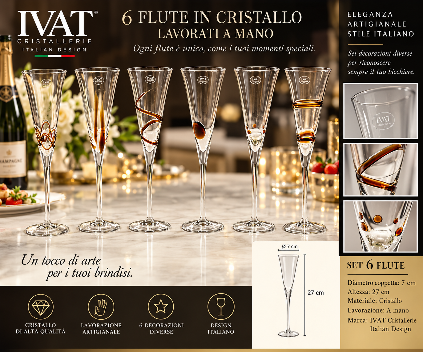FLUTE PERSONALIZZATI CRISTALLO Set 6 Flute Cristallo Ambra IVAT - immagine 1