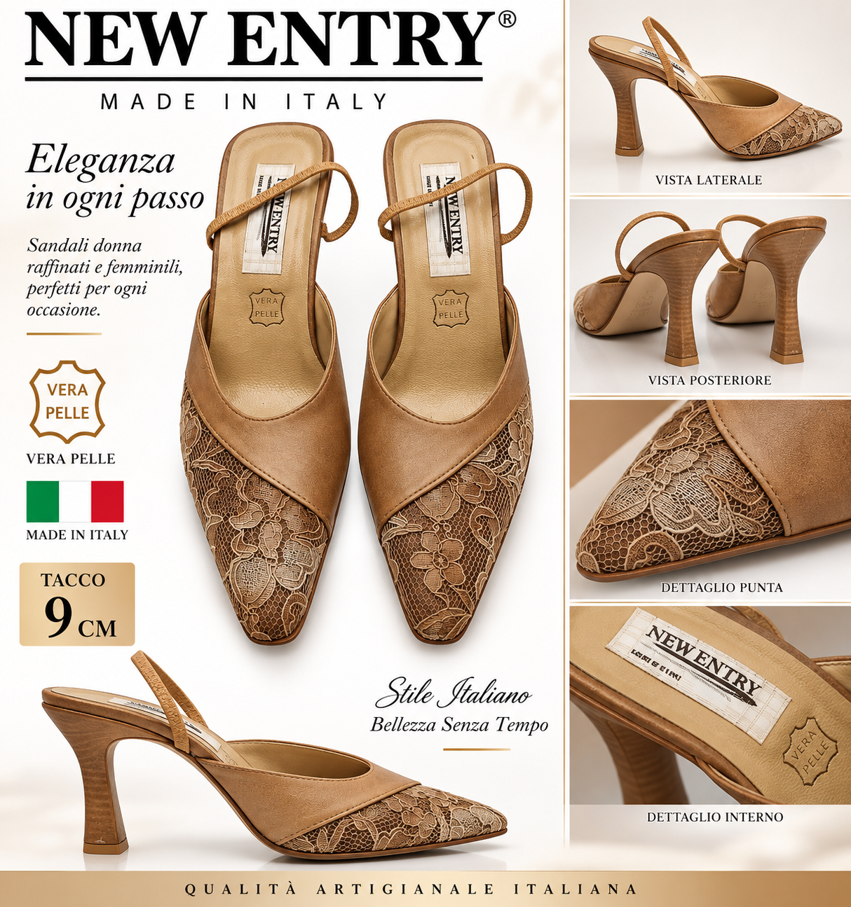 SANDALI DONNA TACCO 9 CM NEW ENTRY VERA PELLE BEIGE