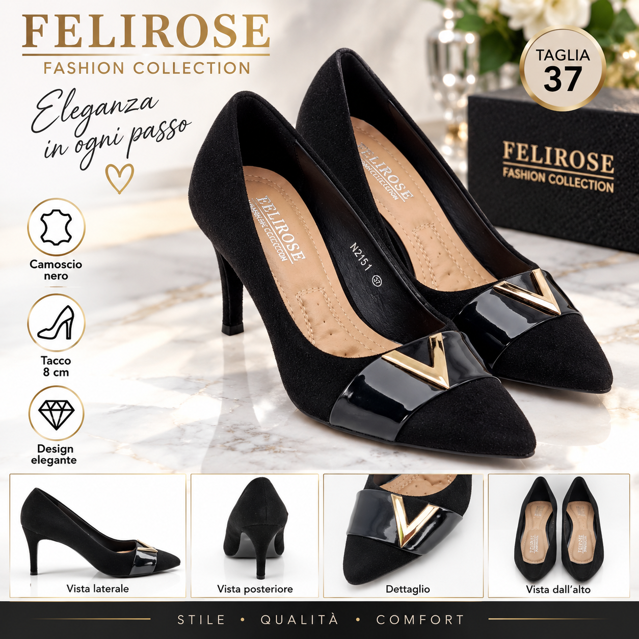 SCARPE CAMOSCIO NERO DECOLTE FELIROSE IN CAMOSCIO NERO TACCO 8 CM