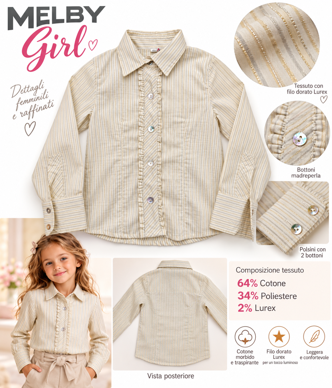 CAMCIA BIMBA 4 ANNI 104 CM Camicia Bambina Melby Girl 4 Anni con Filo Oro - immagine 1