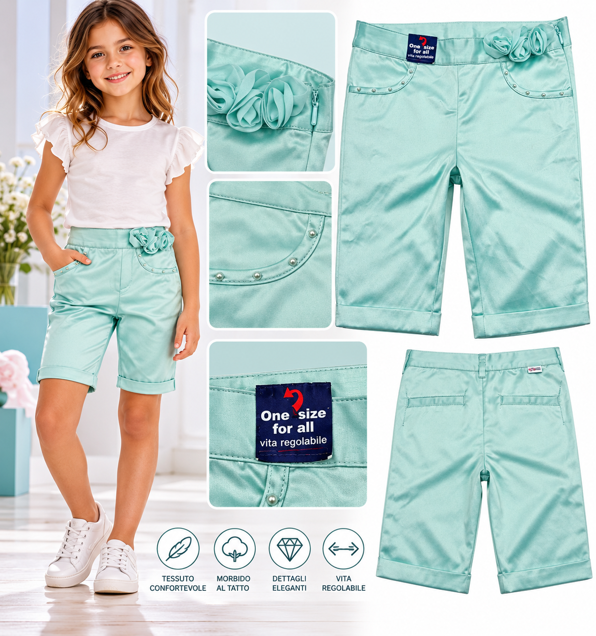 PANTALONCINI ORIGINAL MARINES . Pantaloncini Bambina in Raso Verde Original Marines 8 Anni - immagine 1